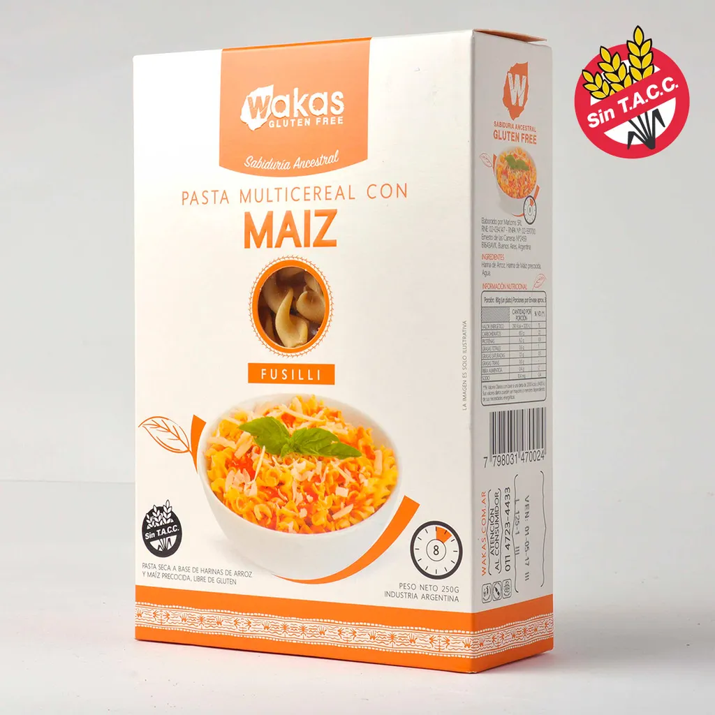 Fideos fusilli multicereal con arroz y maíz "Wakas" x 400g