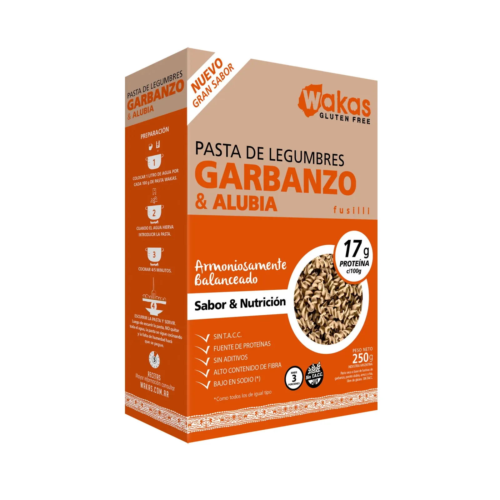 Fideos fusilli con garbanzos y alubia "Wakas" x 300g